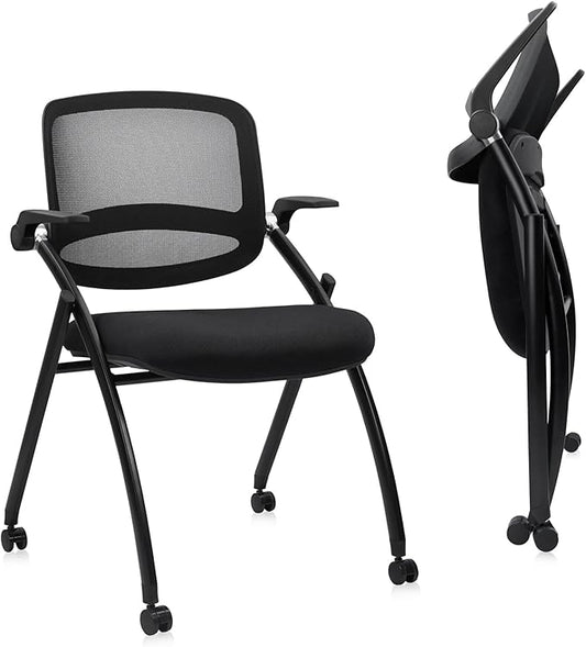 CLATINA Stackable & Foldable Conference Chair with Wheels, Ergonomic Mesh Back, 300lbs Capacity, Breathable Padded Seat, Adjustable Armrests, Office Chair for Reception, Training, Home, Black, 2PK