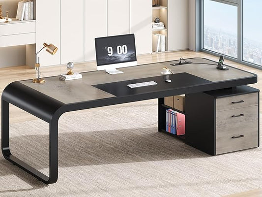 Itaar 70.9" Executive Desk, Large Computer Desk with Drawers and Lateral File Cabinet, Office Desk with Removable Shelves, Business Furniture Desk Workstation for Home Office, Gray