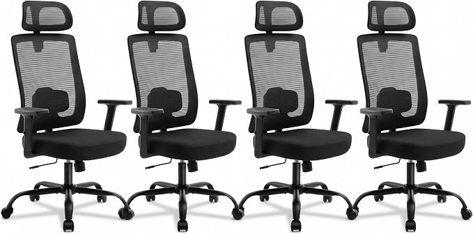 Ergonomic Office Chair Mesh Back, Office Desk Chair with Adjustable Lumbar Support, Rolling Work Chairs with Wheels and 3D Headrest, Set of 4, Black