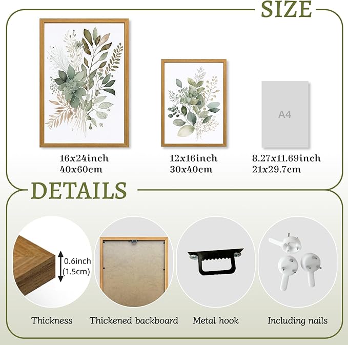 LLEEMPI Sage Green Wall Art Set of 3, Modern Watercolor Botanical Wall Decor, Eucalyptus Leaf Canvas Painting, Classic Minimalist Florals Poster Print for Bedroom Bathroom Office 16x24 Inch Framed Included (Total Size)