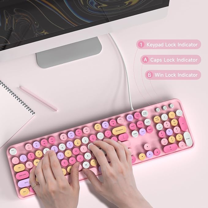 MOWUX Computer Keyboard Wired, Plug and Play USB Retro Round Typewriter Keyboard, Full Size Wired Keyboard with Foldable Stands for Laptop and Office PC- Pink Colorful