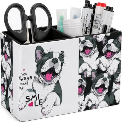 Niapessel Pencil Holder for Desk, Funny Boston Terrier Dog Pen Holder Storage Desktop Pen Organizer Desk Pencil Organizer Makeup Brush Holder for Office School College Leather