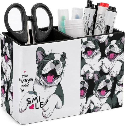 Niapessel Pencil Holder for Desk, Funny Boston Terrier Dog Pen Holder Storage Desktop Pen Organizer Desk Pencil Organizer Makeup Brush Holder for Office School College Leather