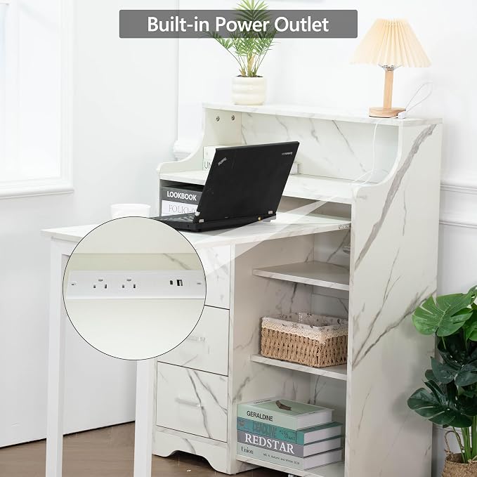 Fold Out Desk with Storage, Hidden Desk with Lockable Drawers & Shelves, Built-in Power Outlet,Folding Desk for Study and Home Office (Marble-Effect White)