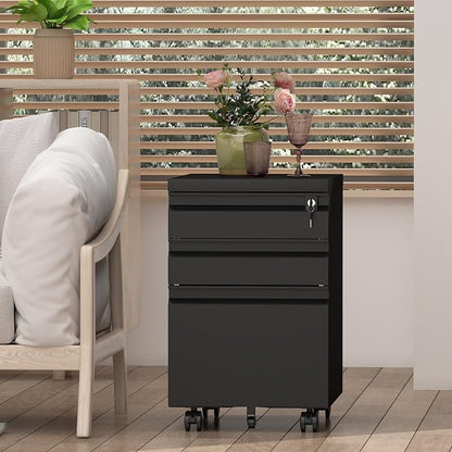 Filing Cabinets for Home Office, Printer Table with Caster, Lockable Office Cabinet with 3 Drawer, Small File Cabinet for Letters/A4, No Assembly Required, Black