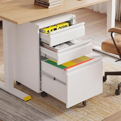 3 Drawer Under Desk Storage,Small File Cabinet with Lock,Filing Cabinet for Home Office,Mobile Metal Drawer Organizer for Letter/Legal/A4,Fully Assembled,White