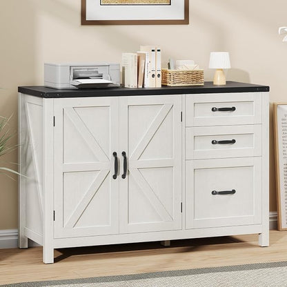 Farmhouse File Cabinet with Doors, Lateral Filing Cabinet with 3 Drawers for Letter/A4 Size Hanging Files, Large Wooden Storage Cabinet with Adjustable Shelves for Home Office, White and Black