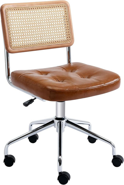 Zesthouse Leather Office Desk Chair with Wheels, Mid Century Rolling Desk Chair with Natural Rattan Back, Modern Swivel Home Office Chair, Small Height Adjustable Computer Task Chair, Brown