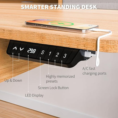 55 * 30 Inches Electric Standing Desk Adjustable Height with 4 Drawers, Double Storage Shelves Stand Up Desk, Home Office Workstation Sit Stand Desk (Nature)