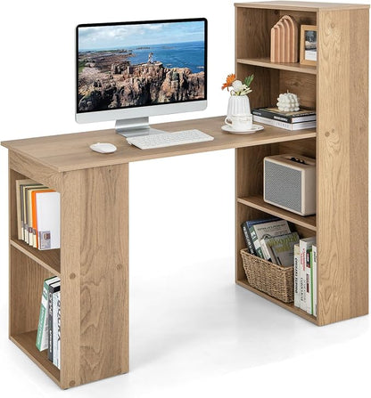 LDAILY Computer Desk with Bookshelf, 48” Modern Office Desk w/ 6-Tier Storage Shelves, CPU Stand, Wider Base, 3-in-1 Reversible Study Table, Writing Desk for Home Office, Bedroom, Study Room (Natural)