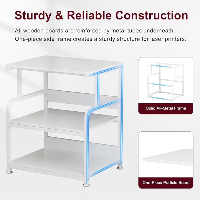 White Printer Table Stand with Storage, 23.6''x18.9'' Large Printer Table for Home Office, 3 Tier Rolling Printer Cart with Wheels, Stand for 3D Laser Inkjet Printer, Fax