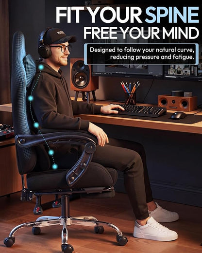 Dowinx Ergonomic Gaming Chair with Footrest & Massage Lumbar, 2D-Linkage Armrests for Computer Chair 330lbs with Headrest Pillow for Office, Home, Streaming and Long Gaming Sessions, Fabric Black