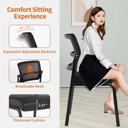 CLATINA Stackable Mesh Office Chair Armless Guest Waiting Stacking Chair with Ergonomic Lumbar Support & Leather Seat Cushion, for Conference, Lobby, School, Reception, BlackTotal Budget, Black