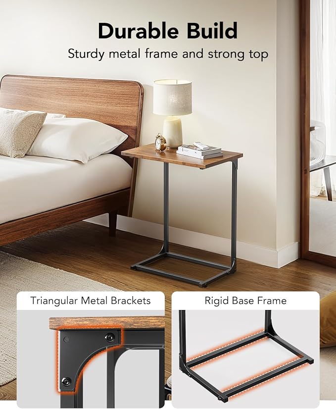 Pipishell C-Shaped Side Table, C Table for Sofa with Two-Piece Desktop & Metal Frame, Large Surface End Table for Living Room, Bedroom, Beside, and Home Office, Rustic Design