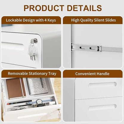 File Cabinet, Mobile Filing Cabinet with Lock, All Steel Structure Printer Stand, Fully Assembled Except Casters, Under Desk Storage for Home Office, 2 Drawers Document Organizer, White