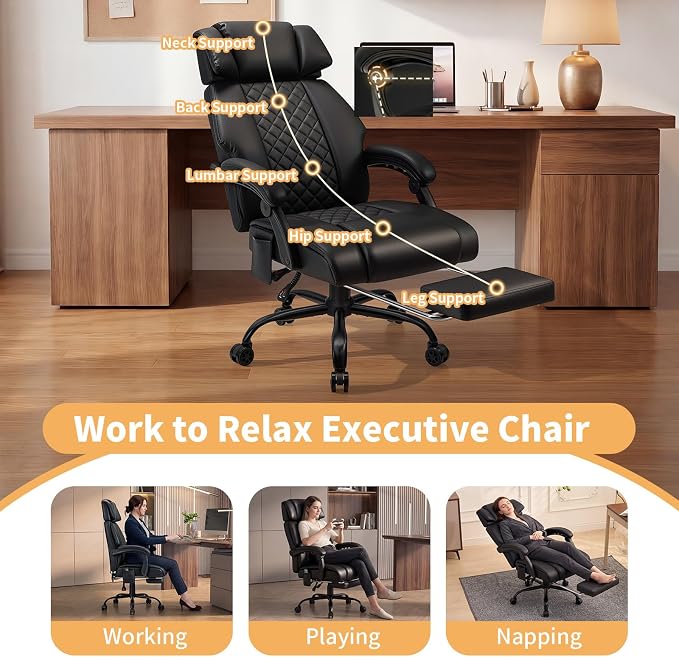 HOFFREE 8-Point Vibration & Heat Massage Office Chair with Footrest,Black | Massage Desk Chair for Heavy People 500lbs Big and Tall Office Chair with Adjustable Headrest and Linkage Armrests,Leather