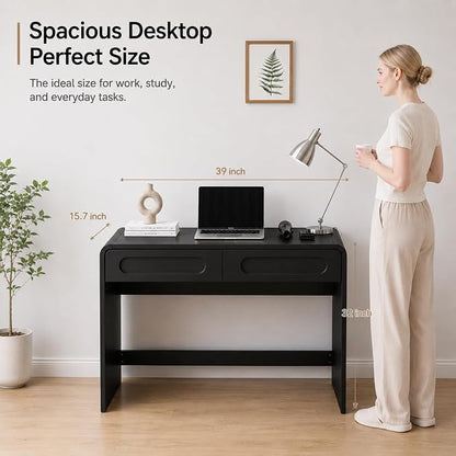 Writing Desk with 2 Drawers, Home Office Computer Desk for Small Spaces | Black Study Desk for Bedroom, Compact Workstation Table, Vanity Desk for Apartment and Dorm Room