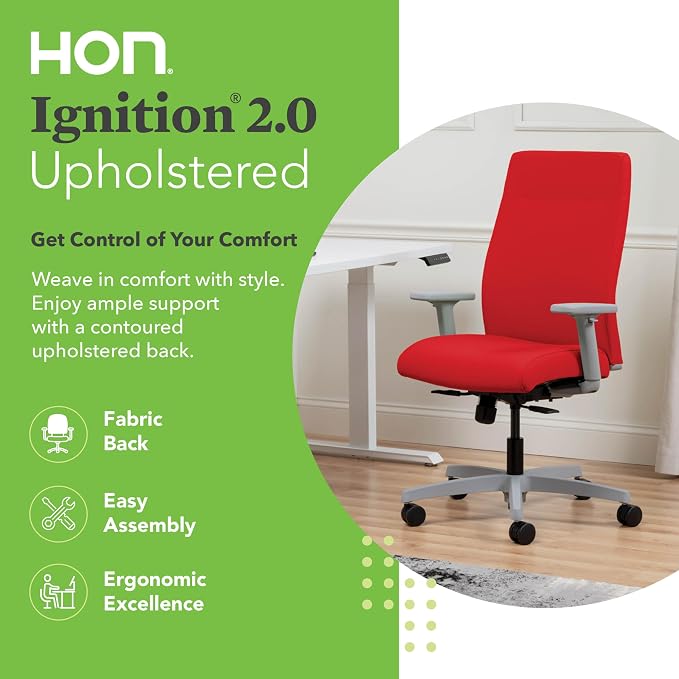 HON Ignition 2.0 Ergonomic Office Chair with Adjustable Arms, Standard Synchro‑Tilt Recline, Upholstered Desk and Computer Chair for Home Office or Workstation, Titanium Frame, Ruby