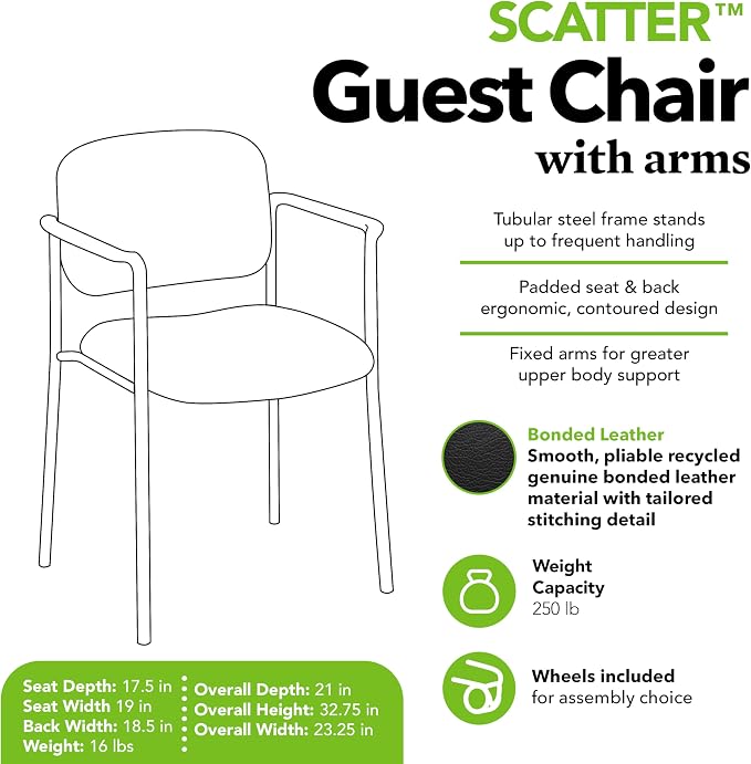 HON Scatter Leather Guest Office Chair with Arms, Stackable Seating for Waiting Rooms, Lobbies, Conference Areas, and Offices, Side Chair for Reception and Training Spaces, Black