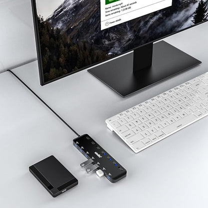 USB 3.0 Hub, atolla 7-Port USB Hub Splitter with Individual On/Off Switches and Lights, 3.28Ft Extended Cable, Suitable for Laptop, PC, MacBook, Keyboard, Mouse, Flash Drives ﻿
