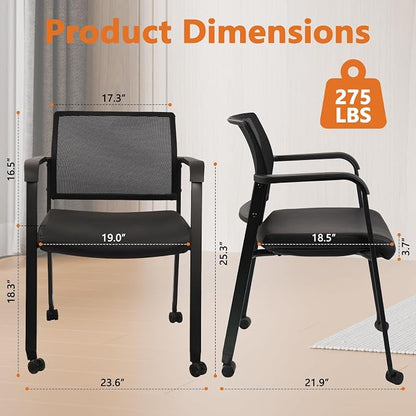 CLATINA Mesh Back Guest Reception Stacking Chair with Wheels, Waiting Room Stackable Chairs with Upholstered Leather Seat & Ergonomic Lumbar Support for Office Conference School Lobby, Black, 8 Pack