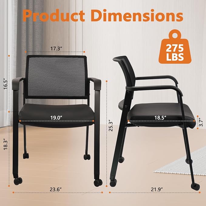 CLATINA Mesh Back Guest Reception Stacking Chair with Wheels, Waiting Room Stackable Chairs with Upholstered Leather Seat & Ergonomic Lumbar Support for Office Conference School Study Lobby, Black