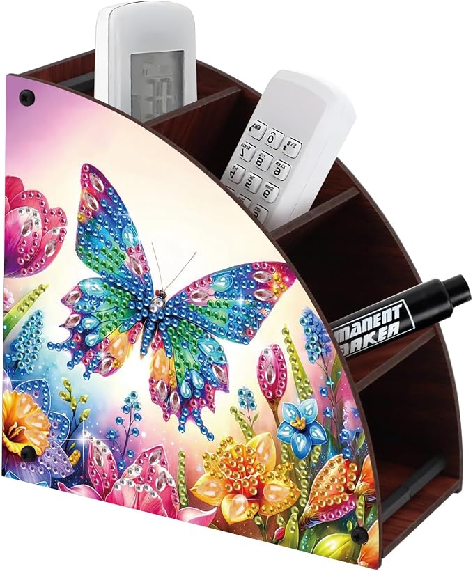 DIY Diamond Painting Storage Box with 4 Compartments, Butterfly-Themed Diamond Art Curved Wooden Organizer for Remote Controllers, Office Supplies, Makeup Brush, Media Accessories