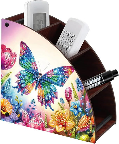 DIY Diamond Painting Storage Box with 4 Compartments, Butterfly-Themed Diamond Art Curved Wooden Organizer for Remote Controllers, Office Supplies, Makeup Brush, Media Accessories