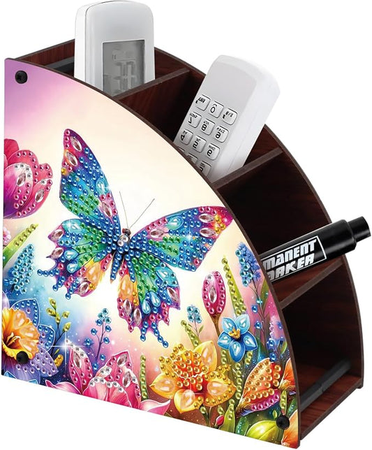 DIY Diamond Painting Storage Box with 4 Compartments, Butterfly-Themed Diamond Art Curved Wooden Organizer for Remote Controllers, Office Supplies, Makeup Brush, Media Accessories