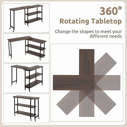 Tangkula 360° Rotating Sofa Side Table, Patented Mobile End Table with 2-Tier Storage Shelves, Swivel Rolling Desk with 6 Lockable Wheels, Metal Frame, Movable Laptop Table Couch Snack Table for Home