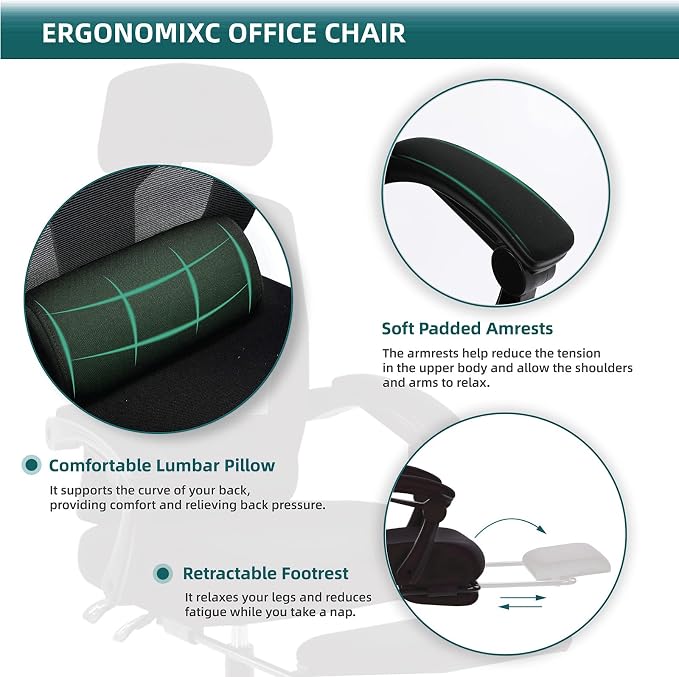 DUMOS Office Desk Computer Chair with Footrest, Ergonomic Mesh Swivel Gaming Chair with Rolling Wheels, Comfortable Headrest, Lumbar Support, Comfy for Home, Office, Task, Student, Inky