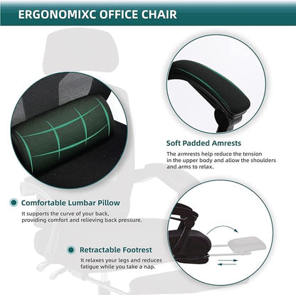 DUMOS Office Desk Computer Chair with Footrest, Ergonomic Mesh Swivel Gaming Chair with Rolling Wheels, Comfortable Headrest, Lumbar Support, Comfy for Home, Office, Task, Student, Inky