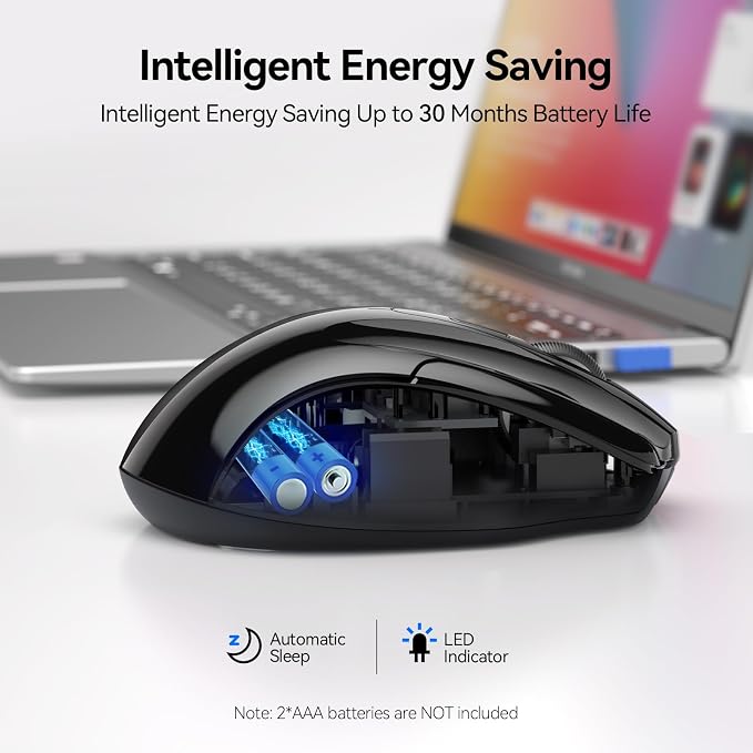 TECKNET Wireless Mouse (2.4G & BT5.0/3.0) Silent 4800 DPI Computer USB A & Bluetooth Mouse 6 Buttons, Wide Compatibility - Black