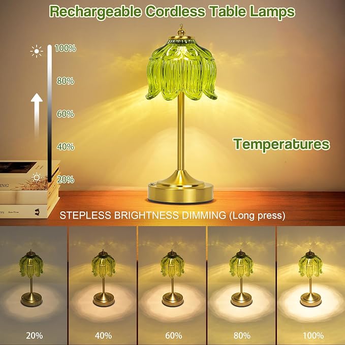 Cordless Lotus Flower Table Lamp, 5200mAh Rechargeable Battery Operated Portable Lamp, 3-Color Dimmable Touch Control Small Desk Lamp for Bedroom, Office, Kitchen, Nightstand,Room Decor(Green)