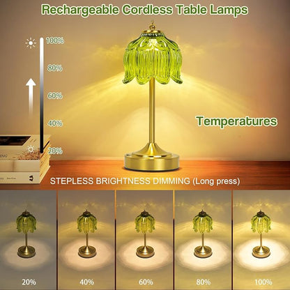 Cordless Lotus Flower Table Lamp, 5200mAh Rechargeable Battery Operated Portable Lamp, 3-Color Dimmable Touch Control Small Desk Lamp for Bedroom, Office, Kitchen, Nightstand,Room Decor(Green)