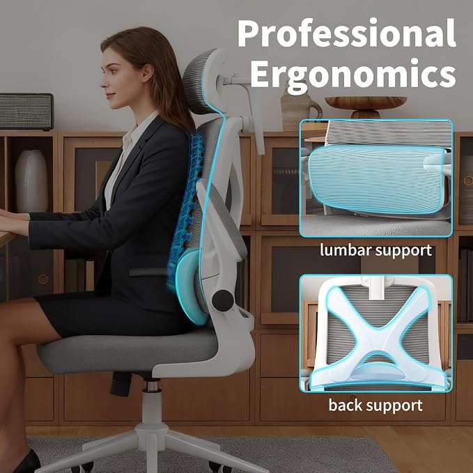 Ergonomic Office Chair - Desk Chair with Adjustable Headrest Lumbar Support Computer Chair - Mesh Comfy Chair with Flip-up Armrests - Gaming Chairs for Adults Home Office (White+Gray)