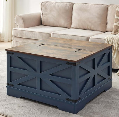Farmhouse End Table Set with Charging Station, Living Room Tables with Hidden Storage, Wood Square Sofa Bedside Tables, Night Stand with Power Outlet and Door, Blue