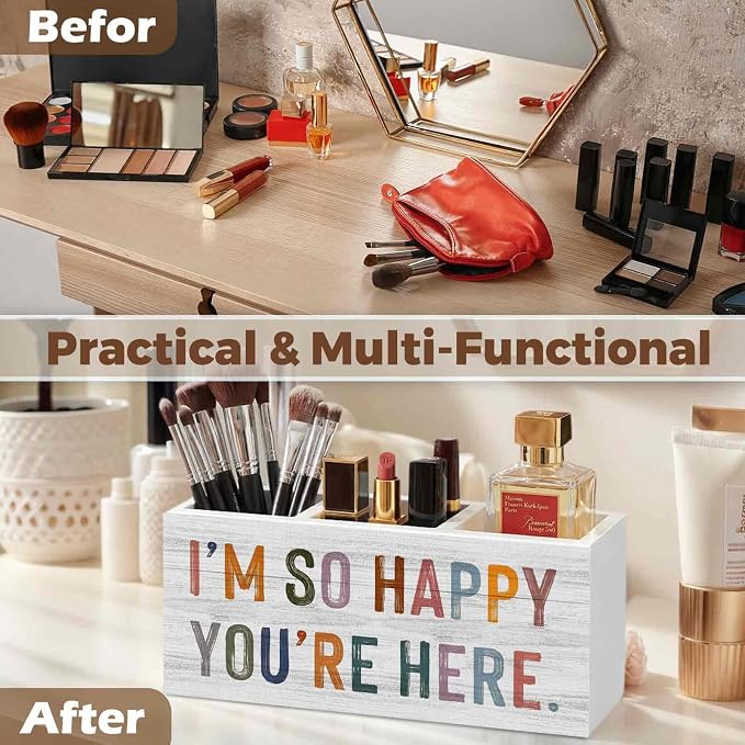 Classroom Pencil Pen Holder for Desk Organizer, I'm So Happy You're Here Wooden Box Decorations for Classroom Kids Room Bedroom Playroom Desk Tabletop Decor