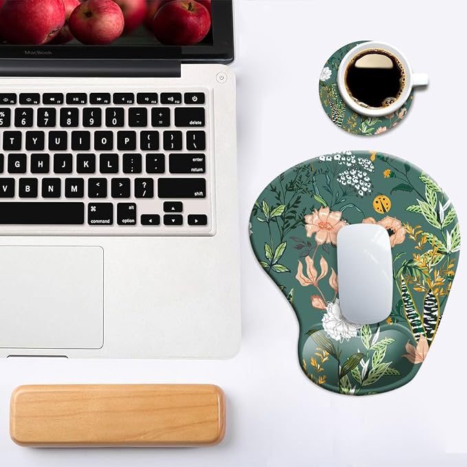 DOOKE Ergonomic Mouse Pad with Wrist Support, Cute Mouse Pads with Non-Slip PU Base for Home Office Working Studying Easy Typing & Pain Relief Dark Green Floral