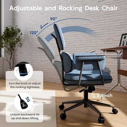 HomeZeer Blue Office Chair, Memory Foam Seat Mid Century Modern Desk Chair | 3.9" Sloped U-Shaped Memory Foam Cushion, Granular Linen Fabric, Lumbar Support, 1.2mm Sturdy Metal Tube, 400LBS Capacity