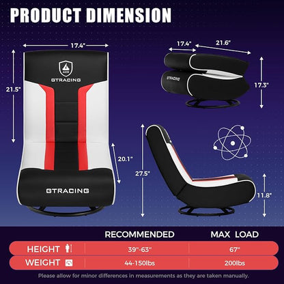 GTPLAYER Floor Gaming Chair Foldable Swivel Floor Chairs for Kids Boys Comfy Video Game Seat with 360° Multipurpose for Gamers, Bedroom or Game Room (Red/White)