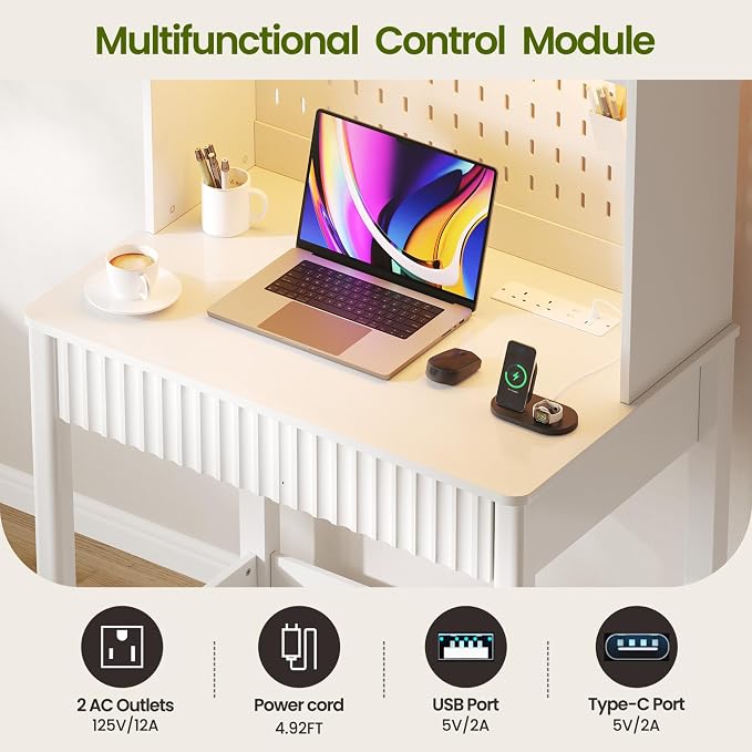 Lvifur Small Writing Desk with Power Outlet - LED Study Desk with Drawer & Hutch, Home Office Desk with Shelf & Pegboard, Space Saving Study Table Work Station for Dorm, Living Room (White)