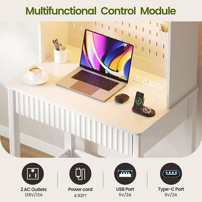 Lvifur Small Writing Desk with Power Outlet - LED Study Desk with Drawer & Hutch, Home Office Desk with Shelf & Pegboard, Space Saving Study Table Work Station for Dorm, Living Room (White)