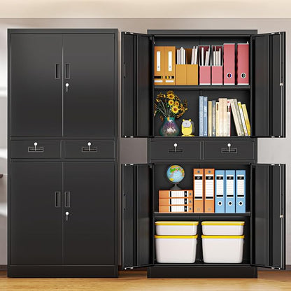 BESFUR Metal Storage Cabinet with 2 Drawers and Adjustable Shelves, 71" H Locking Storage Cabinet for Office, Garage, Home, School, Utility -Black