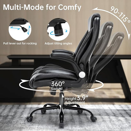 Heavy-Duty Executive Office Chair with Ergonomic Design, 300LBS PU Leather Chair with Adjustable Lumbar Support, 360° Swivel, Reclining Backrest, and Flip-Up Armrests for Big and Tall People(Black)
