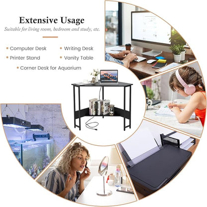 GOFLAME Corner Desk with Power Outlet, Triangle Computer Desk for Small Space, Space-Saving Writing Desk with Storage Shelf and Charging Station, Modern Laptop PC Desk for Home Office, Black