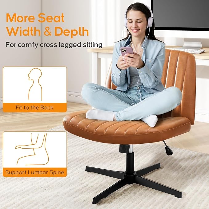DUMOS Criss Cross Chair No Wheel Legged Office Wide Comfy Desk Vanity Chair, Armless Computer Task Seating PU Leather, Swivel Home Height Adjustable for Bedroom, Study, Brown No Wheel