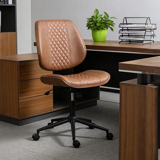 DYHOME Modern Walnut Home Office Chair with Wheels, Executive Office Desk Chair No Arms, Adjustable Height Small Desk Chair, Comfy PU, Deeper Cushion, Mid Back 360 Swivel Computer Chair, Brown