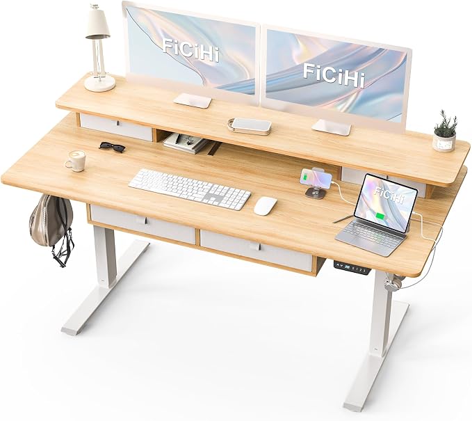 FiCiHi Adjustable Height Standing Desk with 4 Drawers,55 x 30 inches Electric Sit Stand Home Office Desk with Two Tiers, 3 Memory Presets, Monitor Stand Riser, USB A/C Charging Port