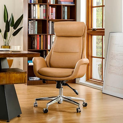 Glitzhome Adjustable High-Back Office Chair Executive Swivel Chair PU Leather Desk Chair, Camel
